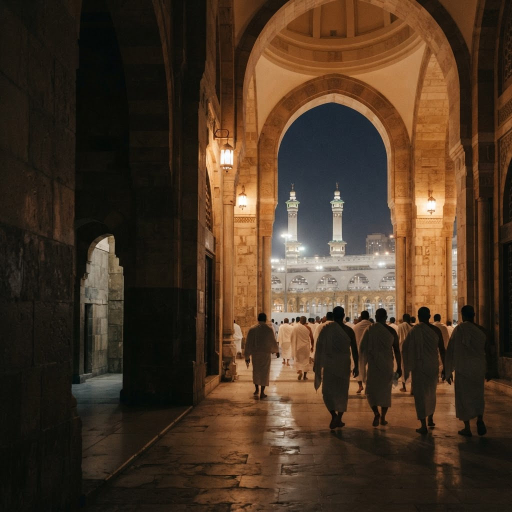 Pilgrims walking through a stone arcade in Makkah